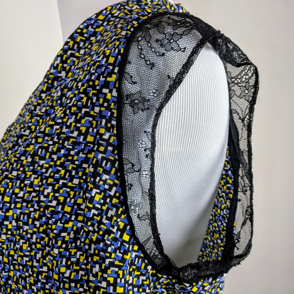 Sandro Paris Top Silk Blouse Geometric Pixel Print Luxury Designer Blue Black - Picture 6 of 8